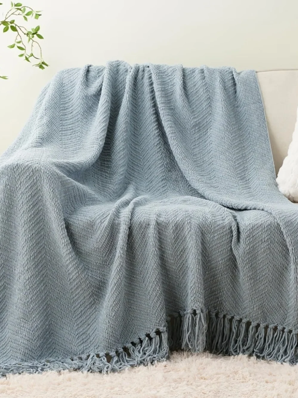 Cozy Textured Throw Blanket - Light Blue Chenille with Fringe 60 X 80